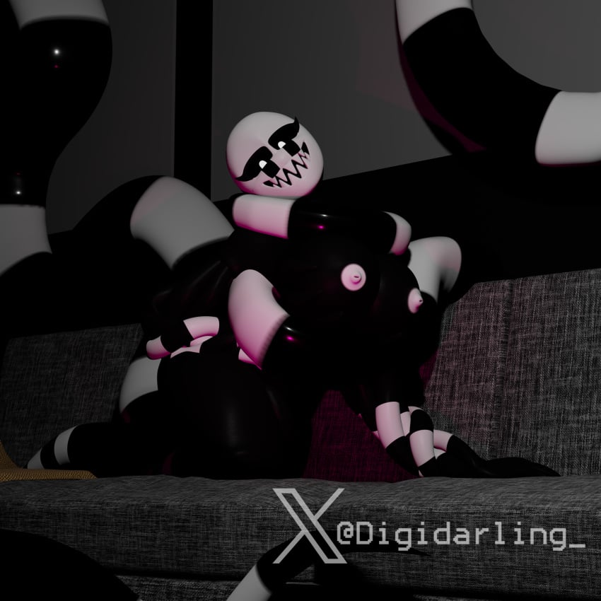 3d 3d_(artwork) animatronic anticipation bald big_breasts big_thighs black_skin couch couch_sitting dark_room digidarling five_nights_at_freddy's fnaf huge_breasts kneeling looking_at_viewer marionette_(fnaf) mask monster monster_girl naked night nightmarionne puppet_(fnaf) render seductive_eyes seductive_look seductive_smile smile solo solo_female tentacle tentacle_monster tentacle_on_female white_eyes