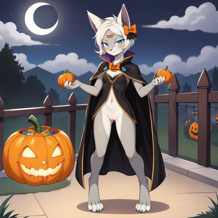 1girls 2024 ai_generated anthro ass_visible_through_thighs blue_eyes bottomless bottomless_female bow_ribbon digitigrade female female_only grey_body halloween halloween_costume hi_res holding_pumpkin jack-o'-lantern looking_at_viewer mineru mist moon night nintendo outdoors short_hair smile the_legend_of_zelda the_legend_of_zelda:_tears_of_the_kingdom white_hair zonai