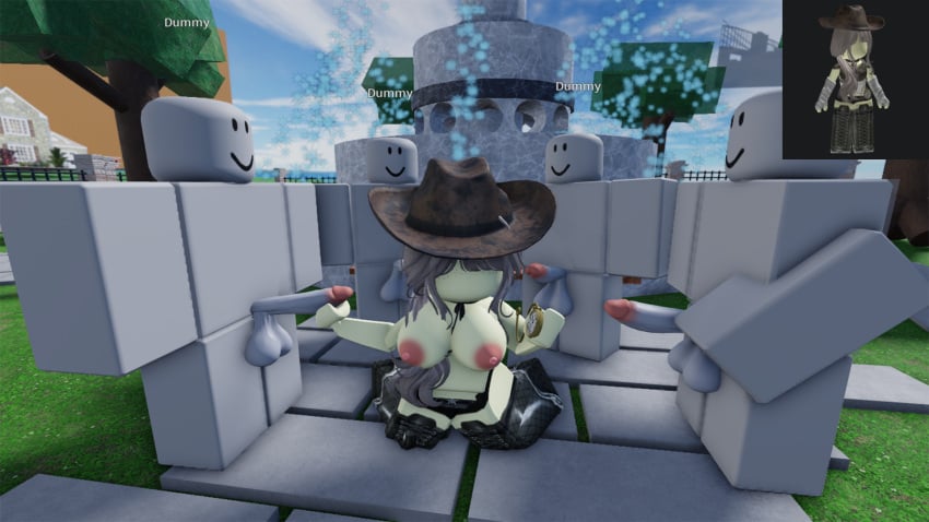 1girls 3d 3d_(artwork) 4boys balls big_breasts cow_girl cowboy_hat dummy_(roblox) fountain gangbang handjob jerkingoff kneeling ninjashyper2 park reference_image roblox roblox_avatar robloxian self_upload tagme