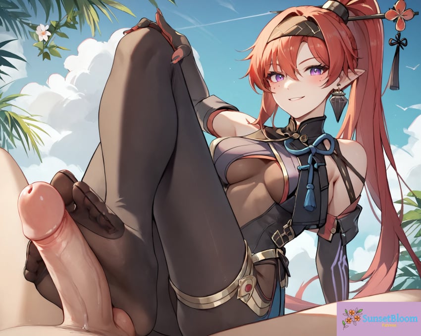 1boy 1girls ai_assisted ai_background ai_generated ai_upscaled feet female foot_fetish footjob male pantyhose penis purple_eyes red_hair straight sunsetbloom wuthering_waves yinlin_(wuthering_waves)