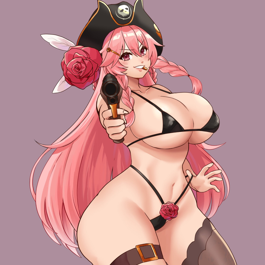 1girls big_breasts bikini braided_hair female female_only gun hi_res jojoniumart leg_belt legband long_hair looking_at_viewer pink_eyes pink_hair pirate_hat pointing_gun_at_viewer smiling smiling_at_viewer solo stockings thick_thighs