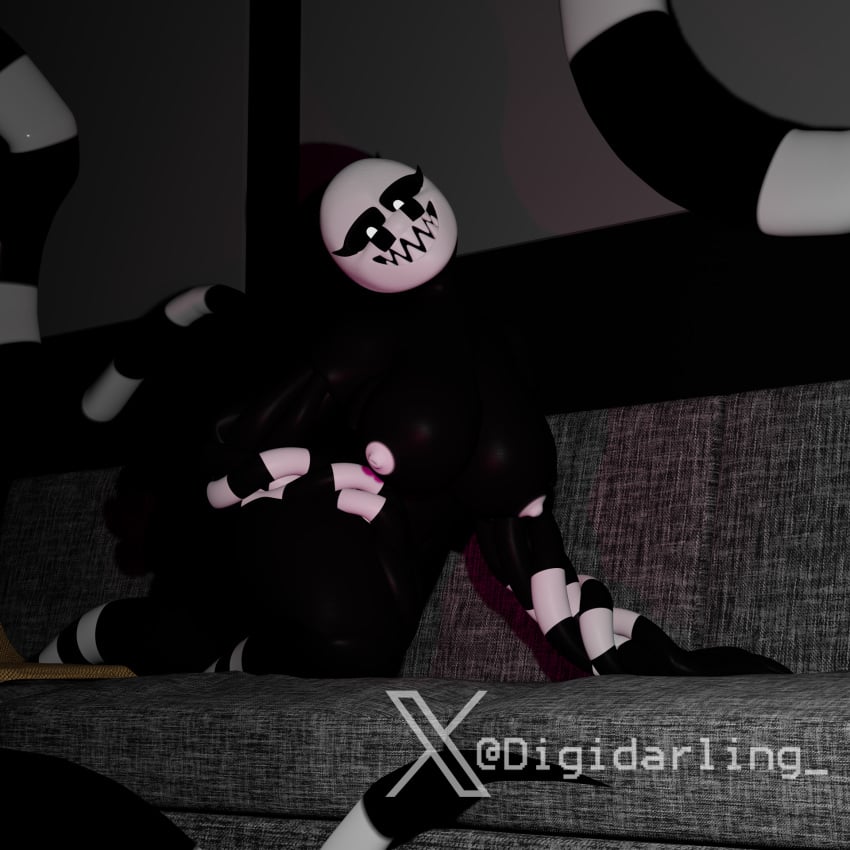 3d 3d_(artwork) animatronic anticipation bald big_breasts big_thighs black_skin couch couch_sitting dark_room digidarling five_nights_at_freddy's fnaf huge_breasts kneeling looking_at_viewer marionette_(fnaf) mask monster monster_girl naked night nightmarionne puppet_(fnaf) render seductive_eyes seductive_look seductive_smile smile solo solo_female tentacle tentacle_monster tentacle_on_female white_eyes