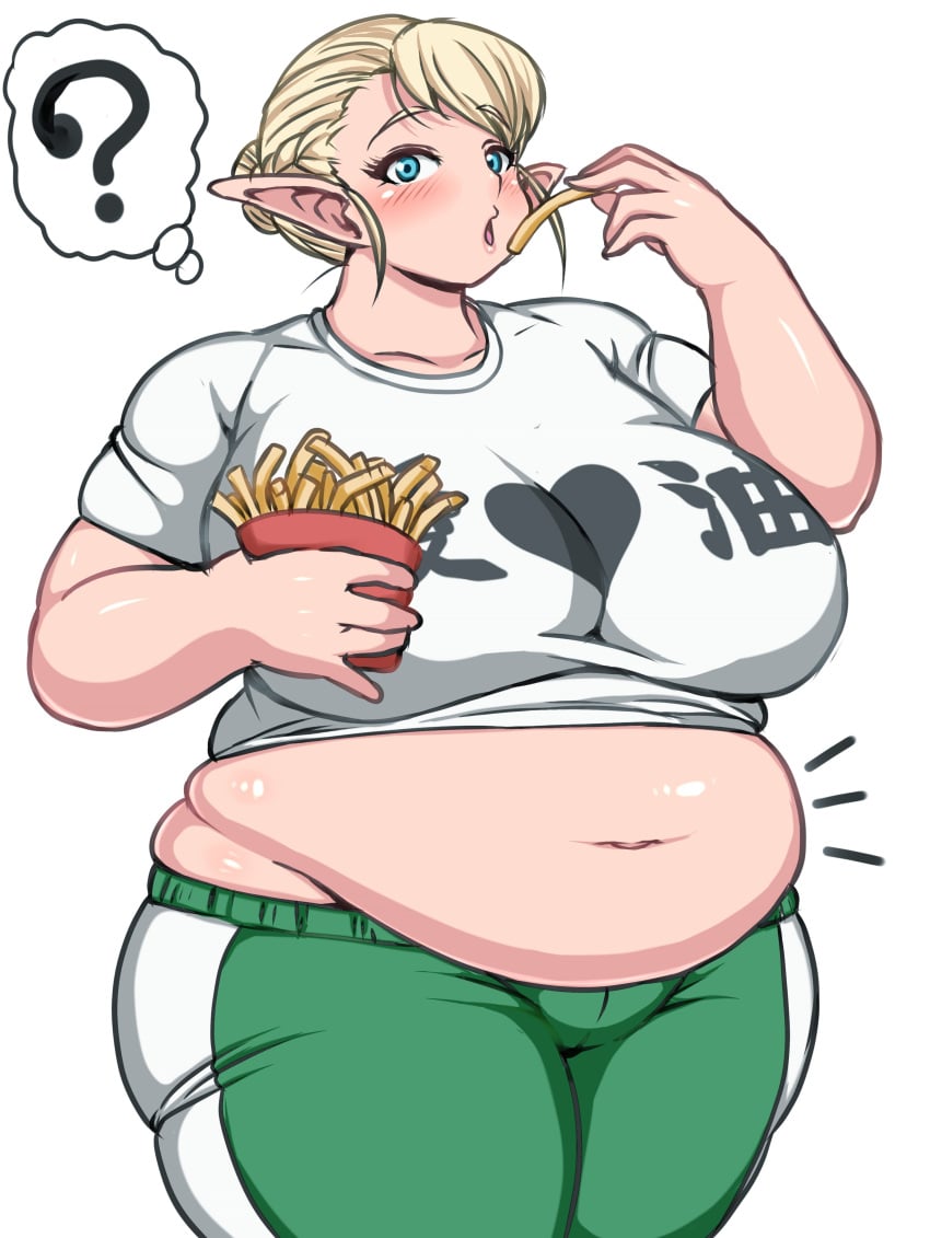 1girls bbw belly_overhang big_belly big_breasts big_female blonde_hair blush blushing breasts chubby chubby_female curvy eating elf elf-san_wa_yaserarenai elfuda fat fat_ass fat_woman female french_fries gunrei13bucho hi_res humanoid large_female midriff overweight overweight_female plump pointy_ears pork_chop solo thick_thighs wide_hips