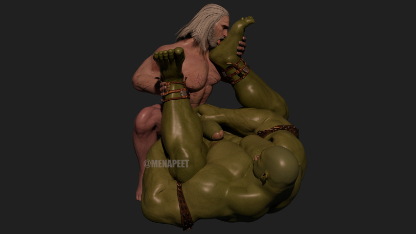 2boys 3d bald bara barazoku feet foot_fetish gay gay_anal gay_sex geralt_of_rivia green_body green_skin male male/male male_only menapeet_(artist) muscular muscular_male orc penis the_witcher_(series)