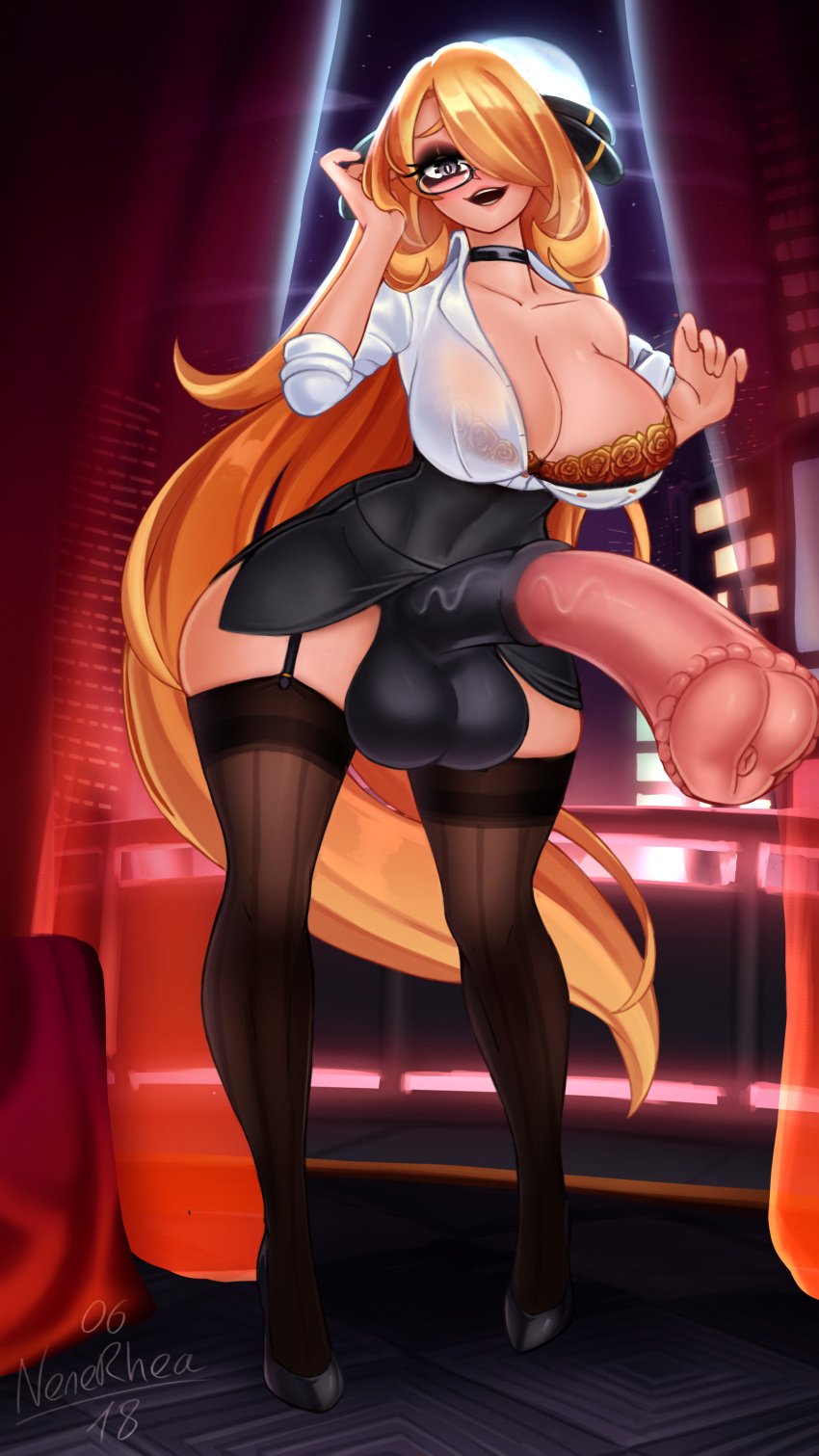 1futa areolae balls blonde_hair bottomless breasts clothed clothing cynthia_(pokemon) equine_penis erection futa_only futanari garter_straps gigantic_penis glasses horsecock huge_breasts huge_hips human human_with_animal_genitalia human_with_horsecock light-skinned_futanari light_skin long_hair looking_at_viewer mostly_clothed nenerhea nipples pencil_skirt penis penis_under_skirt pokemon pokemon_dppt shirt_lift skirt smiling_at_viewer solo standing thick_thighs thighhighs wide_hips