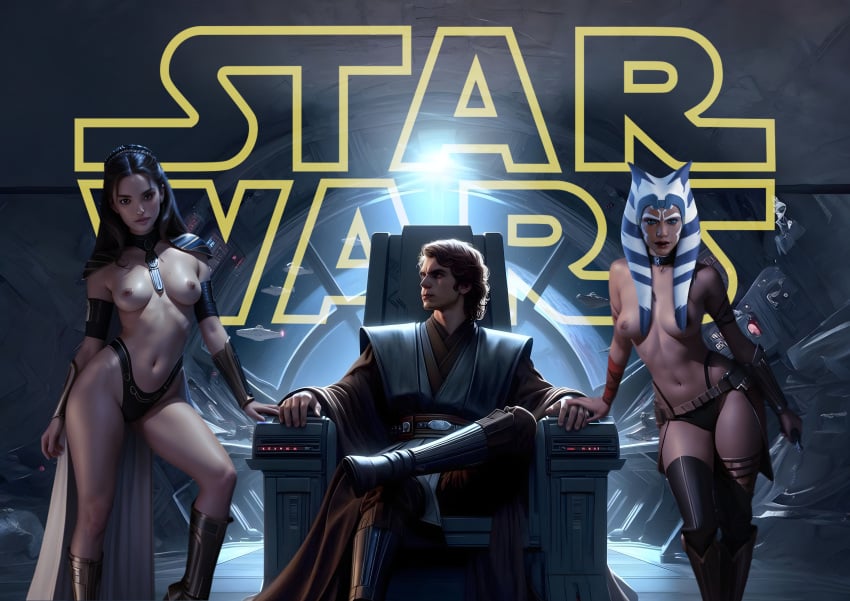 1boy 2girls ahsoka_tano ai_generated alien_girl anakin_skywalker choker female human male medium_breasts multiple_girls padme_amidala petite photo_manipulation photorealism photorealistic realistic sitting skinny spaceship spaceship_interior star_wars threesome throne toned toned_female topless topless_female