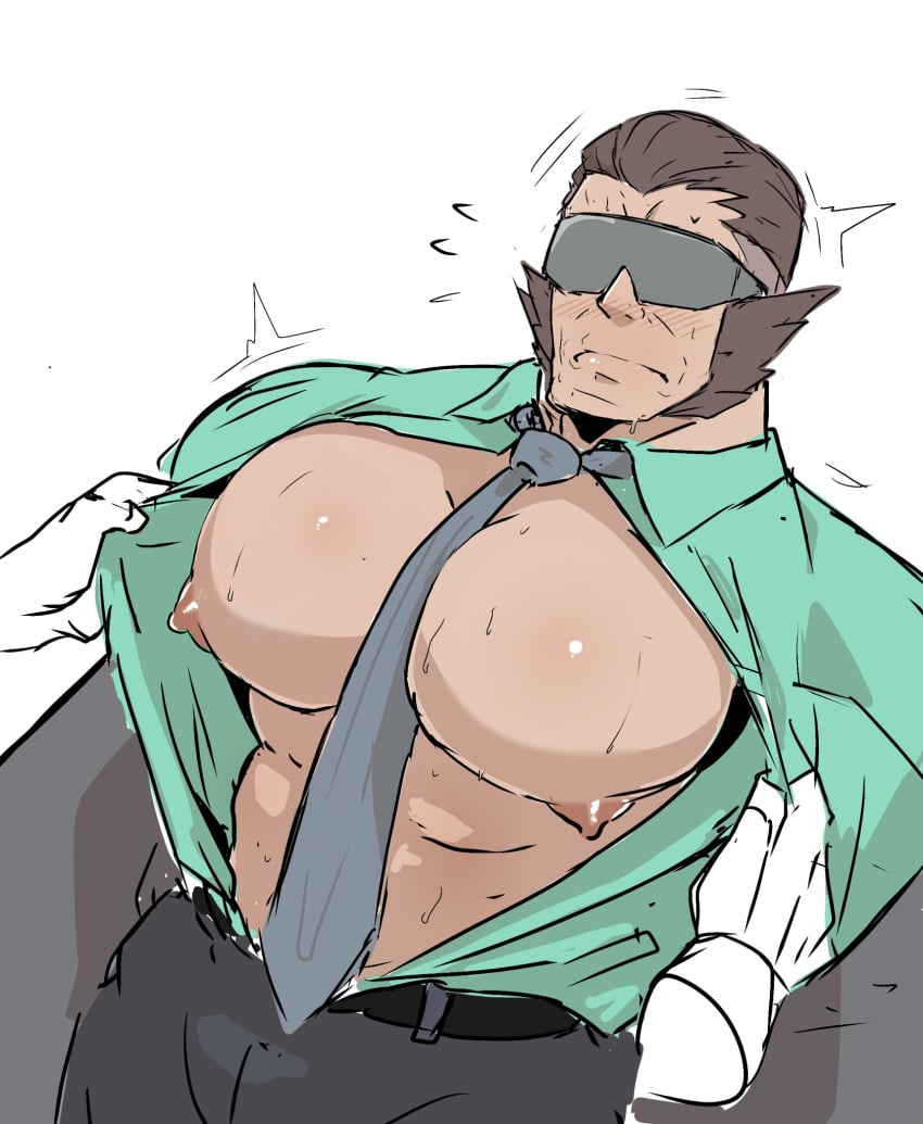 1boy 2d 2d_(artwork) areola areolae big_breasts big_pecs blush breasts breasts_focus brown_hair floating_hands gay kaeru333938123 male male_only motion_lines nipples no_visible_genitalia opening_shirt pants pecs pecs_focus pokemon pokemon_legends:_z-a shaved_sides shirt shirt_open sideburns solo_focus stern_expression sunglasses sweat sweating sweaty sweaty_breasts sweaty_pecs tie tie_between_breasts vinnie_(pokemon)