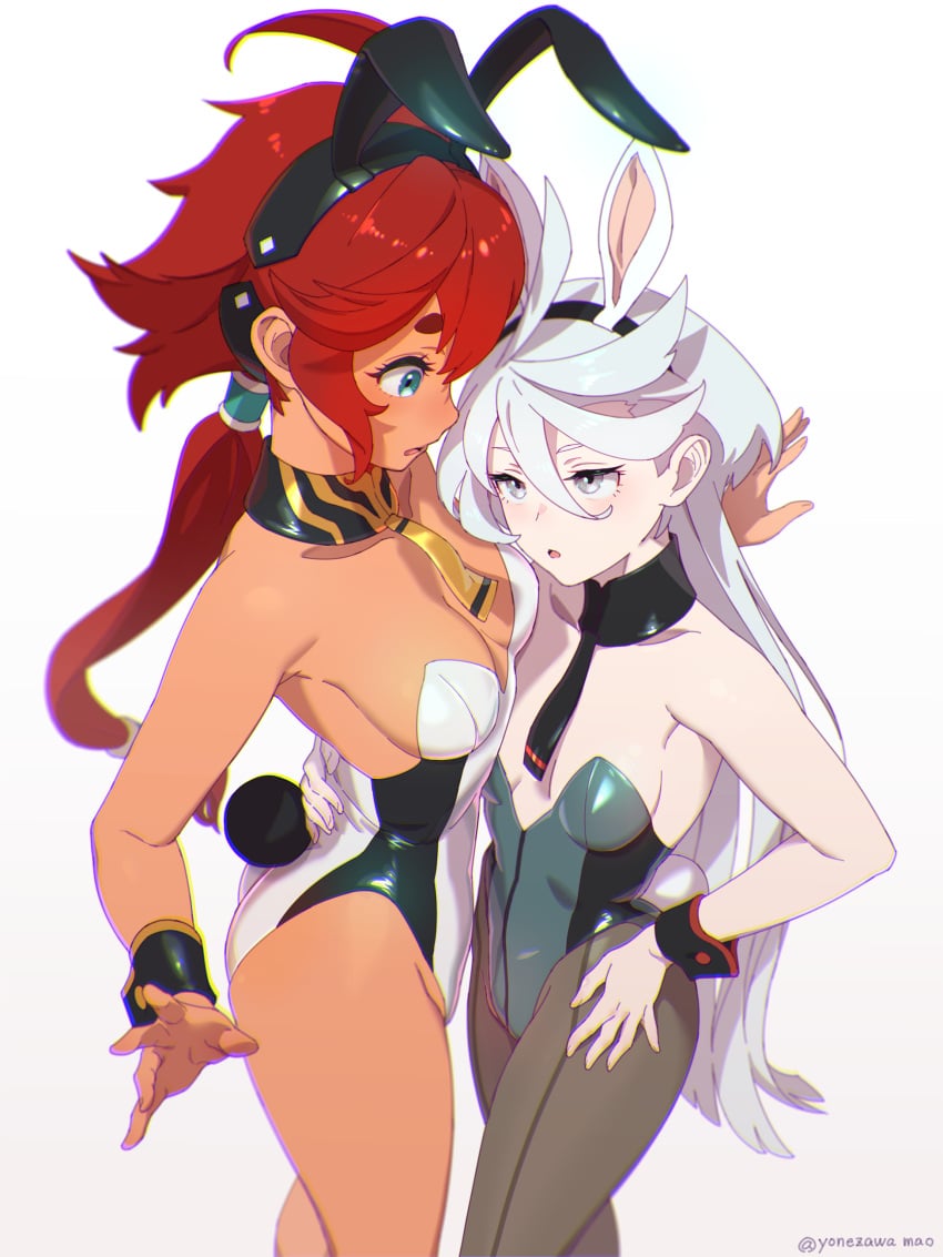 2girls absurdres ahoge animal_ears ass bare_shoulders black_hairband blue_eyes breasts cleavage collarbone dark-skinned_female dark_skin detached_collar fake_animal_ears front-seamed_legwear grey_eyes grey_hair gundam gundam_suisei_no_majo hair_between_eyes hairband highres leotard long_hair low_ponytail medium_breasts miorine_rembran multiple_girls necktie open_mouth pantyhose playboy_bunny rabbit_ears rabbit_tail red_hair seamed_legwear simple_background strapless strapless_leotard suletta_mercury tail thick_eyebrows white_background wrist_cuffs yonezawa_mao