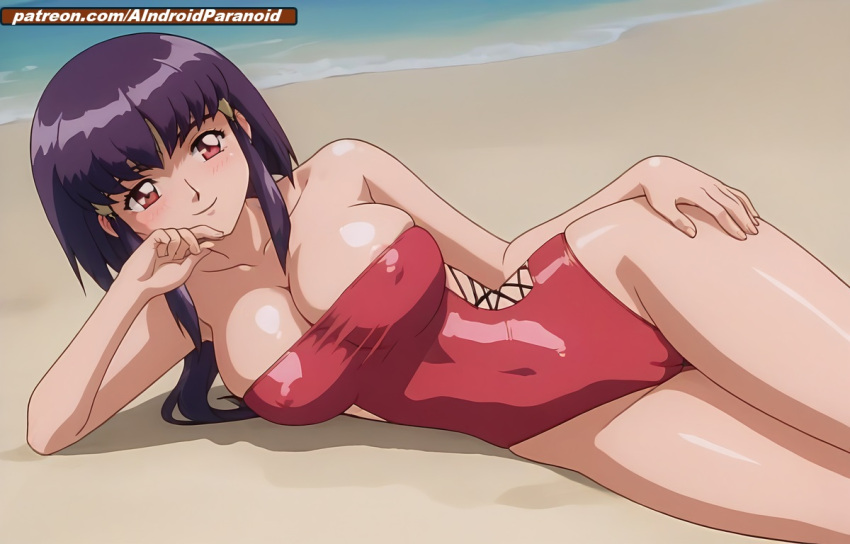 ai_generated aindroidparanoid ayeka_masaki_jurai beach big_breasts blush breasts gold_eyes huge_breasts long_hair nipples ocean on_side one-piece_swimsuit purple_hair pussy sand stable_diffusion swimsuit tenchi_muyo! tight_clothing