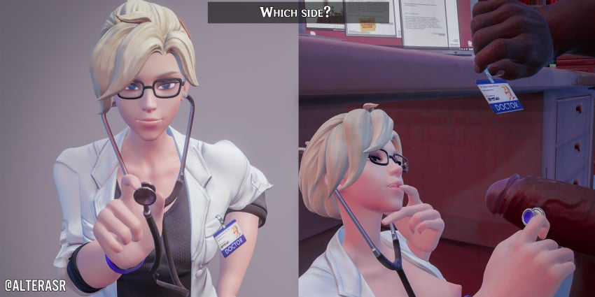 1boy 1girls 3d 3d_(artwork) alterasr angela_ziegler big_penis blender coat coat_only cock_worship dark-skinned_male dark_skin finger_to_mouth hard_nipples interracial kneeling mercy nipples overwatch overwatch_2 penis tagme tongue tongue_out under_the_table