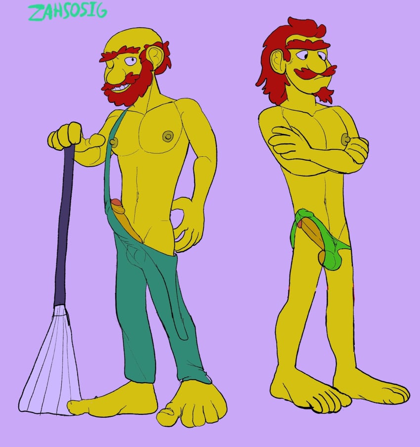 arms_crossed artist_name artist_signature beard boner bulge erection facial_hair groundskeeper_willie inviting male male_only moustache muscular_male nipples overalls penis_under_clothes rake red_hair smiling speedo the_simpsons thong wink yellow_body zahsosig