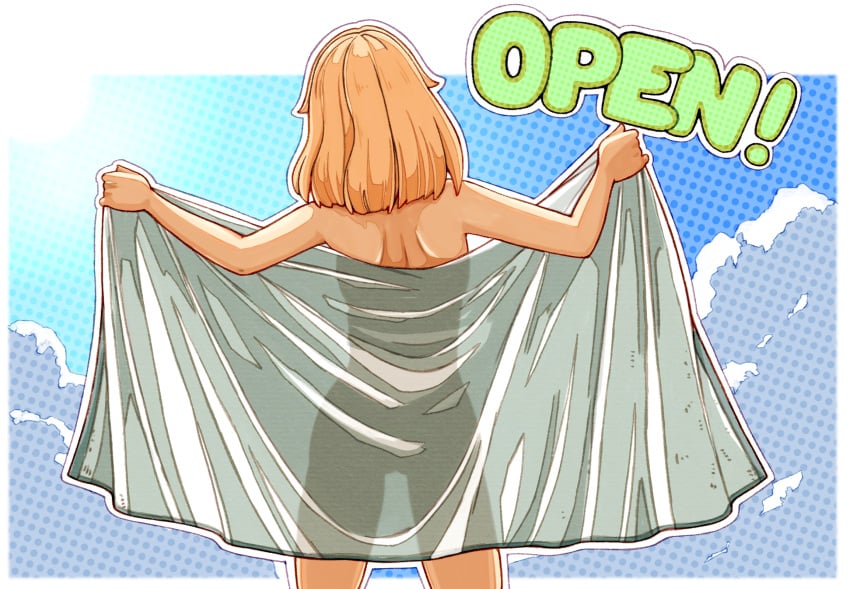 1boy bare_shoulders blonde_hair bridget femboy from_behind girly_boy guilty_gear guilty_gear_strive highres holding holding_towel male_only naked_towel nude see-through_clothes sky solo_male sugag sugajyun towel trap