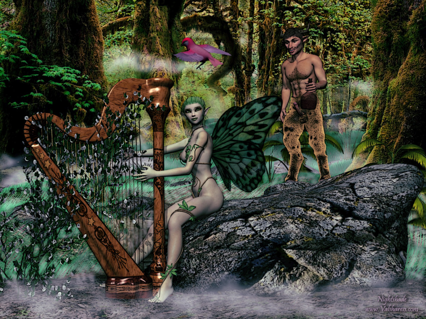 1boy 1girls body_fur body_hair erection female fog forest green_eyes green_skin hairy_male half-human harp hooves horns humanoid male monster_girl nipples nude nymph penis pointy_ears satyr straight tree wine