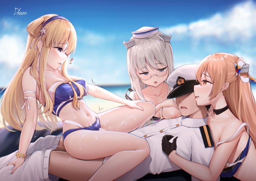 1boy 3girls admiral_(kantai_collection) beach bikini black_gloves blonde_hair blue_bikini breasts brown_eyes buttons cleavage collarbone cowgirl_position cum day driftkingtw female fletcher_(kantai_collection) fletcher_mk_ii_(kantai_collection) fletcher_mk_ii_(swimsuit_mode)_(kantai_collection) gloves grey_eyes grey_hair groin group_sex hair_ornament hat heywood_l._edwards_(kantai_collection) johnston_(kantai_collection) johnston_kai_(swimsuit_mode)_(kantai_collection) kantai_collection large_breasts light_brown_hair long_hair long_sleeves male male/female military_uniform multiple_girls naval_uniform navel nipples ocean outdoors pants peaked_cap short_hair signature star_(symbol) star_hair_ornament straight swimsuit uniform white_hat white_pants