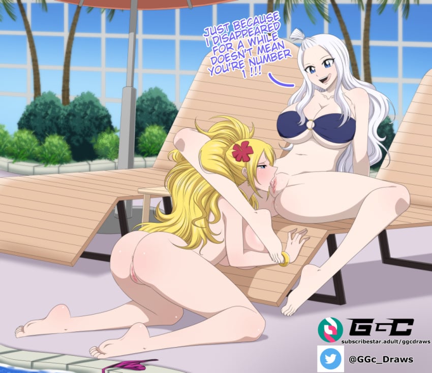 2d 2girls all_fours anus blonde_hair blue_eyes blush cleavage cunnilingus english english_text fairy_tail female_only ggc jenny_realight jewelry large_ass large_breasts licking_pussy long_hair mirajane_strauss multiple_girls open_mouth ponytail pussy solo_focus spread_legs thick_thighs thighs tongue tongue_out uncensored white_hair wide_hips yuri