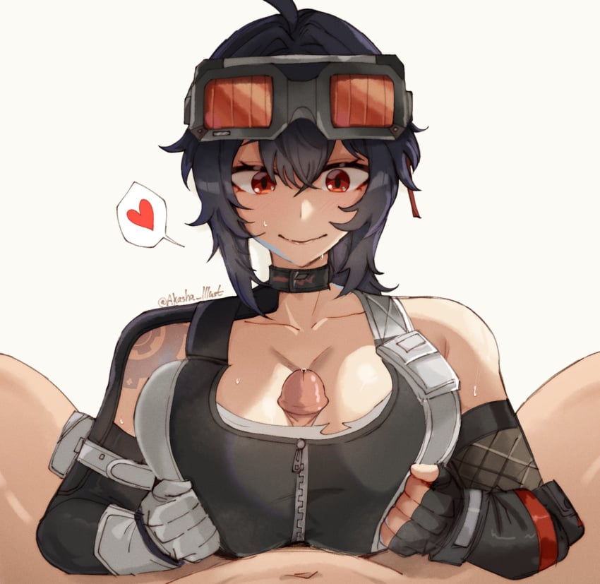 akashicelegy big_breasts black_hair breasts eyewear_on_head female goggles_on_head grace_howard hoyoverse light-skinned_female light-skinned_male light_skin male mihoyo outercourse paizuri paizuri_under_clothes penis penis_between_breasts red_eyes unseen_male_face zenless_zone_zero