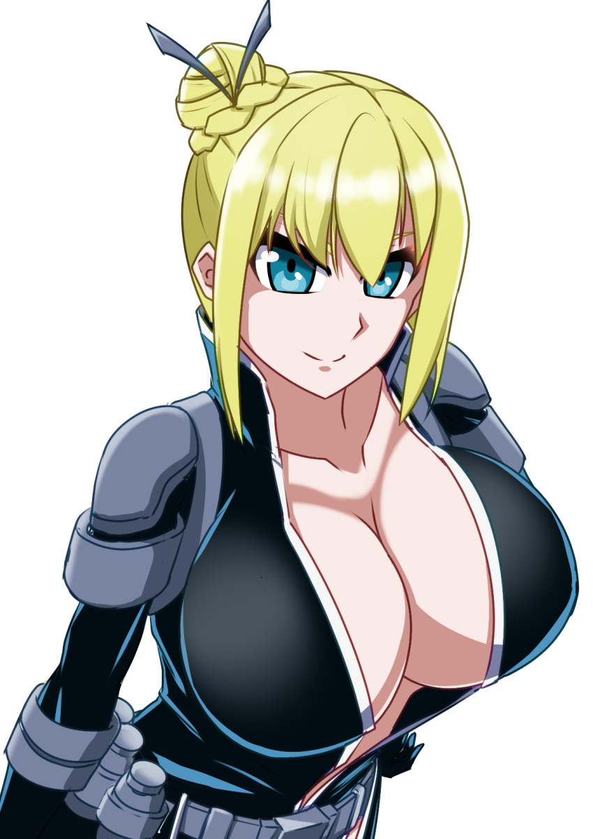 1girls aqua_eyes big_breasts blonde_hair bodysuit breasts busty cleavage female female_only hair_bun hand_on_hip highres large_breasts legs long_hair looking_at_viewer nancy_lee ninja_slayer pointy_chin pose posing sensual smile solo thighs unzipped voluptuous