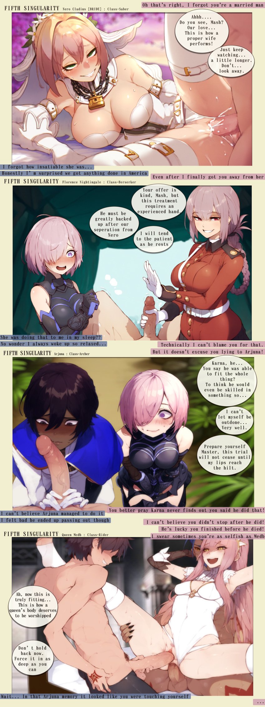 1boy 2boys 2girls 3boys 3girls 3koma 4koma :d ai_generated arjuna_(fate) arjuna_(fate/grand_order) bare_shoulders black_hair black_leotard blush braid breasts brown_eyes brown_hair censored cleavage clothed_female clothed_female_nude_male clothing clothing_aside clothing_cutout comic cu_chulainn_(alter) cu_chulainn_(fate) cuckquean_rape dark-skinned_male dark_skin elbow_gloves english_language english_text erection fate/grand_order fate_(series) fellatio female florence_nightingale_(fate) fujimaru_ritsuka_(male) gloves green_eyes grin group group_sex hair_between_eyes hair_over_one_eye happy happy_sex high_resolution highleg highleg_leotard interracial large_breasts large_filesize latbjorn_ai legwear leotard leotard_aside long_hair looking_at_viewer lying male mash_kyrielight mashu_kyrielite medb_(fate) multiple_boys multiple_girls nero_claudius_(bride) nero_claudius_(fate) nipples nose_blush nude nude_male on_side open-mouth_smile open_mouth oral penis pink_hair pov purple_eyes self_upload semen sex short_hair smile speech_bubble spread_legs straight strapless_leotard testicles text thighhighs tied_hair uncensored uniform vaginal_penetration very_high_resolution white_gloves white_leotard yellow_eyes