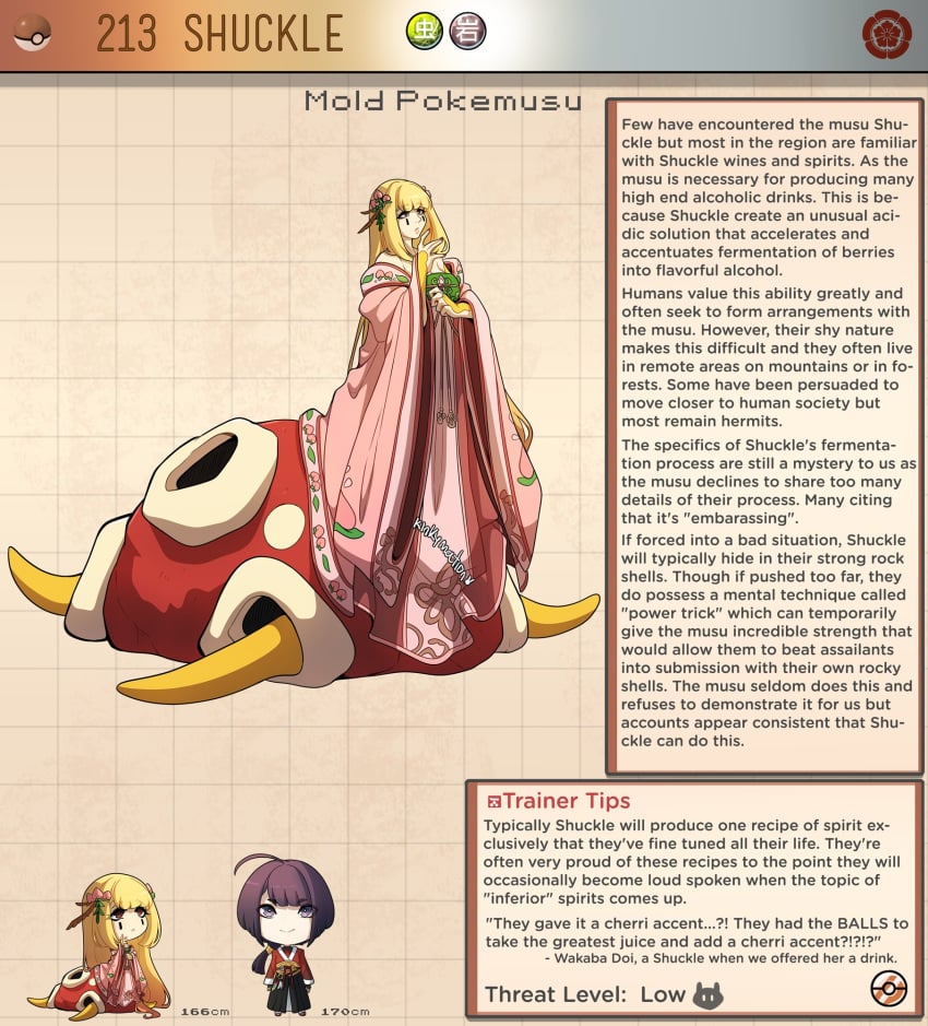 1boy 1girls blonde_hair character_profile chibi creature_index english_text female generation_2_pokemon highres human japanese_clothes kimono kinkymation long_hair male monster_girl nintendo pokemon pokemon_(species) pokemorph pokemusu shuckle text text_box