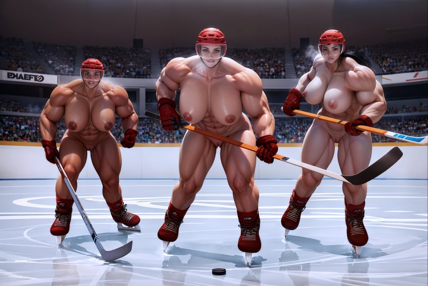 3girls abs absurd_res ai_generated audience biceps big_breasts blue_eyes breasts breath broad_shoulders brown_eyes crowd female female_only gloves helmet hockey hockey_puck hockey_stick ice ice_skates knoworai light-skinned_female light_skin looking_at_viewer muscles muscular muscular_arms muscular_female muscular_thighs nipples nude nude_female pussy realistic skates smile sport sportswear stable_diffusion tanned_female tanned_skin thick_thighs visor wide_hips