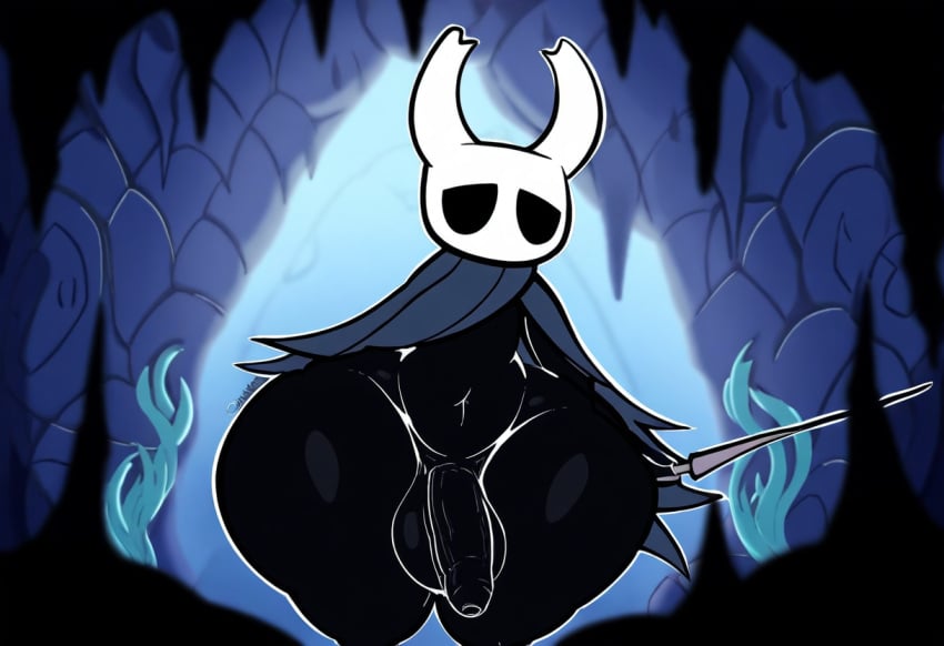 absurd_res ai_generated anthro arthropod balls big_balls big_butt big_penis black_body cloak clothing fecharis genitals hellsonger hi_res holding_weapon hollow_knight horn huge_hips huge_thighs humanoid_genitalia humanoid_penis insects looking_at_viewer male melee_weapon navel penis protagonist_(hollow_knight) solo solo_male team_cherry thick_thighs vessel_(species) weapon wide_hips
