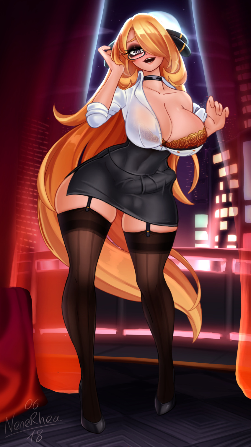 1futa areolae balls blonde_hair breasts bulge clothed clothing cynthia_(pokemon) erection erection_under_clothes futa_only futanari garter_straps glasses huge_breasts huge_hips human light-skinned_futanari light_skin long_hair looking_at_viewer mostly_clothed nenerhea nipples pencil_skirt penis pokemon pokemon_dppt shirt_lift skirt smiling_at_viewer solo standing thick_thighs thighhighs wide_hips