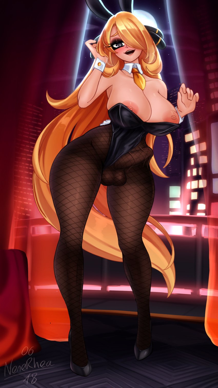 1futa areolae balls big_penis blonde_hair breasts bulge bunnysuit clothed clothing cynthia_(pokemon) erection erection_under_clothes fishnets futa_only futanari huge_breasts human light-skinned_futanari light_skin long_hair mostly_clothed nenerhea nipple_slip nipples penis pokemon pokemon_dppt smiling_at_viewer solo standing thick_thighs wide_hips