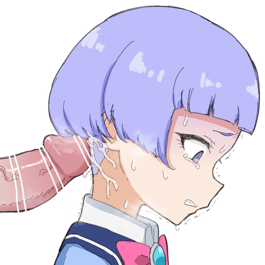 bar_censor blue_sailor_collar censored clenched_teeth collared_shirt cum cum_on_hair erection female from_side hairjob highres himitsu_no_aipri mamiya_chii motion_lines neck_ribbon penis pink_ribbon portrait pretty_series purple_eyes purple_hair ribbon sailor_collar scared shino_(yaruki_nai_yatsu) shirt short_hair simple_background solo_focus sweatdrop tears teeth trembling white_background white_shirt