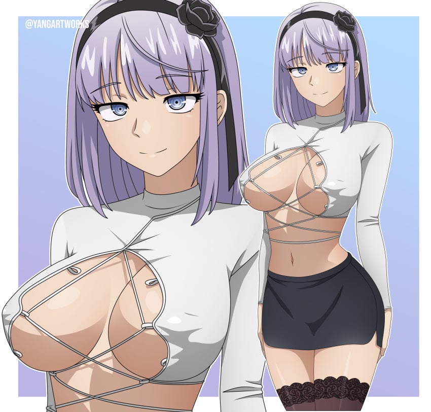 1girls alternate_costume artist_name big_breasts blue_eyes breasts busty cleavage covered_nipples dagashi_kashi erect_nipples_under_clothes female female_only hairband highres large_breasts legs looking_at_viewer medium_hair midriff navel no_bra purple_hair sensual shidare_hotaru skirt smile solo suspenders thighs underboob voluptuous