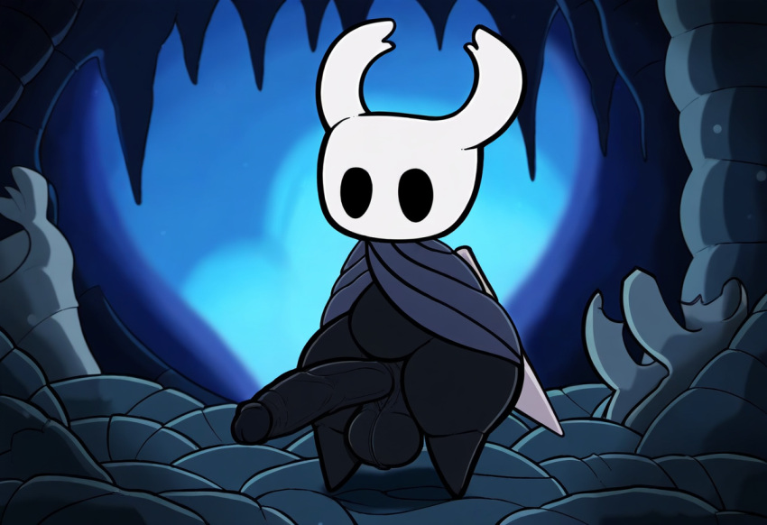 absurd_res ai_generated anthro arthropod ass balls big_balls big_penis black_body black_skin cloak clothing erection fecharis genitals glans hellsonger hellsonger_hollow_knight_ai_art hi_res hollow_knight horn humanoid_genitalia humanoid_penis insects male penis presenting protagonist_(hollow_knight) solo solo_male team_cherry thick_penis vein veiny_penis vessel_(species)