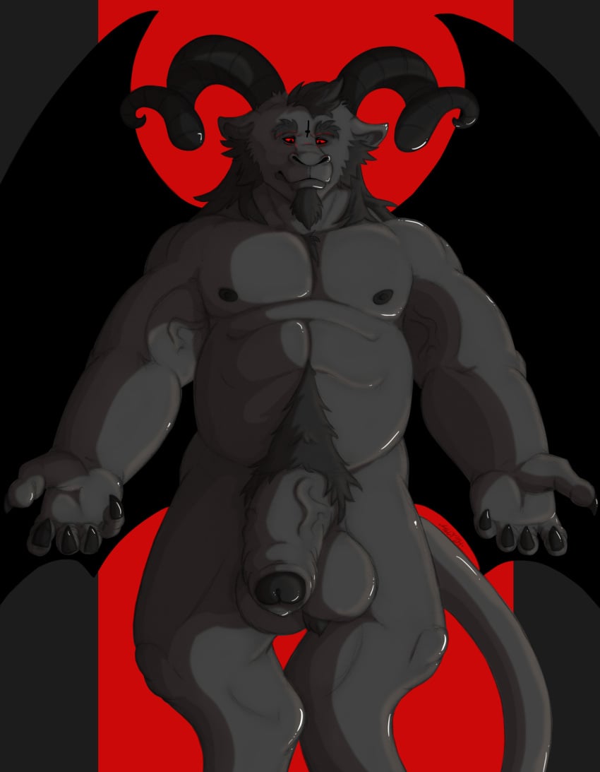 1boy abs anthro ass balls beard big_balls big_penis black_body black_fur black_hair black_horn black_penis black_wings body_hair bovid caprine caprine_demon catholic christianity claws cross curled_horn deity demon digital_media_(artwork) facial_hair foreskin fur genitals genitamls glowing glowing_eyes goat_demon hair hi_res horn humanoid_genitalia humanoid_penis inverted_cross long_foreskin looking_at_viewer male mammal musclegut muscular muscular_anthro muscular_male nightmare_husbando nipples pecs penis presenting presenting_hindquarters presenting_penis public_domain red_background red_eyes satan sideburns sillywerwolf simple_background smile solo spread_wings vein veiny_penis wings