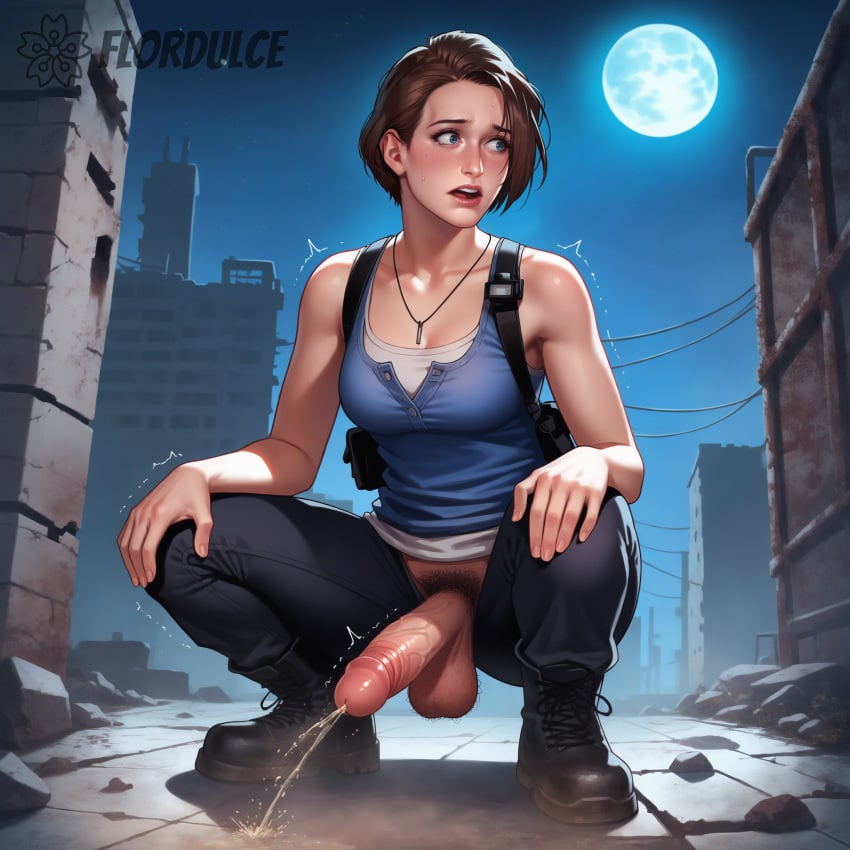 1futa ai_generated ball_hair balls blue_eyes boots brown_hair city erect_penis erection flordulce futa_only futanari hairy_testicles hands_on_knees holster jill_valentine looking_away nervous night night_sky outdoors pants peeing penis pubic_hair resident_evil ruined_city ruins short_hair solo_futa squatting tank_top testicles trembling unzipped_pants urinating urinating_futanari urination