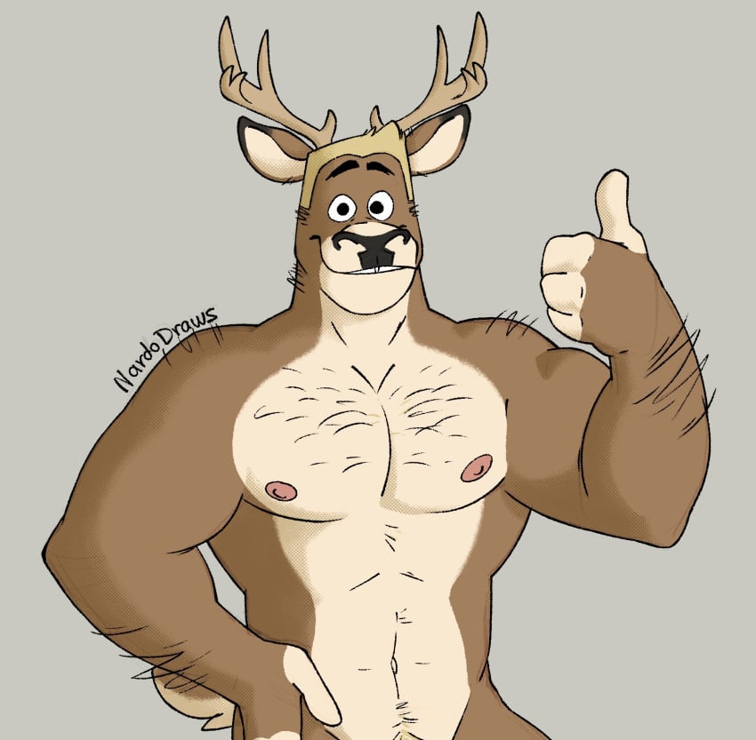 anthro antlers arm_hair barely_visible_genitalia blonde_hair body_hair chest_hair deer fur genitals gesture hair hand_gesture happy_trail hi_res horn looking_at_viewer male mammal multicolored_body multicolored_fur muscular muscular_anthro muscular_male nardodraws navel nipples nude_anthro nude_male penis shoulder_hair smile standing tan_body tan_fur thumbs_up two_tone_body two_tone_fur