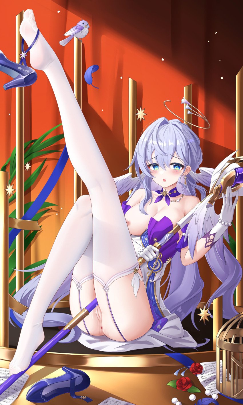 :o absurdres anus bare_shoulders bird blue_eyes bracelet breasts choker cleavage collarbone detached_sleeves dress feet female flower full_body gloves head_wings high_heels highres holding holding_staff honkai:_star_rail honkai_(series) jewelry jndfh knees_up large_breasts long_hair looking_at_viewer marking_below_eyes nipples outstretched_leg pearl_bracelet purple_choker purple_footwear purple_hair purple_sleeves pussy pussy_juice red_curtains red_flower red_rose robin_(honkai:_star_rail) rose sheet_music shoe_dangle short_sleeves sitting soles solo staff stockings strapless strapless_dress thighhighs toes unworn_shoe white_dress white_gloves white_thighhighs wings