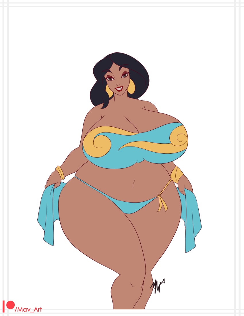 1girls aladdin aladdin_(1992_disney_film) big_breasts black_hair breasts cleavage dark-skinned_female dark_skin disney female huge_breasts mav_art middle_eastern middle_eastern_female princess_jasmine solo thick_thighs walt_disney wide_hips