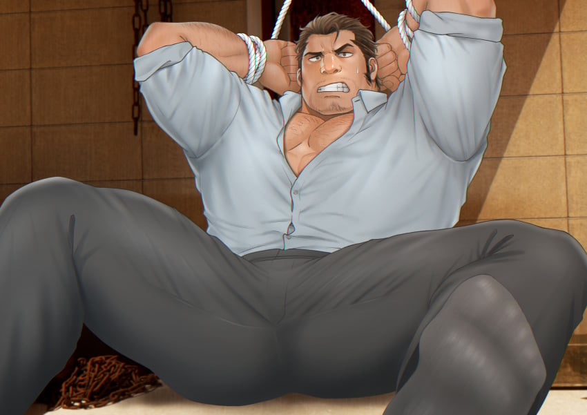 1boy abducted arm_hair arms_behind_head arms_up bara beard_stubble beefy bondage bound_wrists brown_eyes brown_hair chest_hair clothed daddy dilf frown gay gritted_teeth hi_res looking_at_viewer male male_only middle_aged mizuki_gai muscles muscular muscular_arms muscular_legs muscular_male muscular_thighs mustache_stubble original original_character pecs rope_bondage short_hair sideburns sitting small_pupils socks spread_legs struggling sweat sweatdrop thick_thighs tight_clothing tough_guy