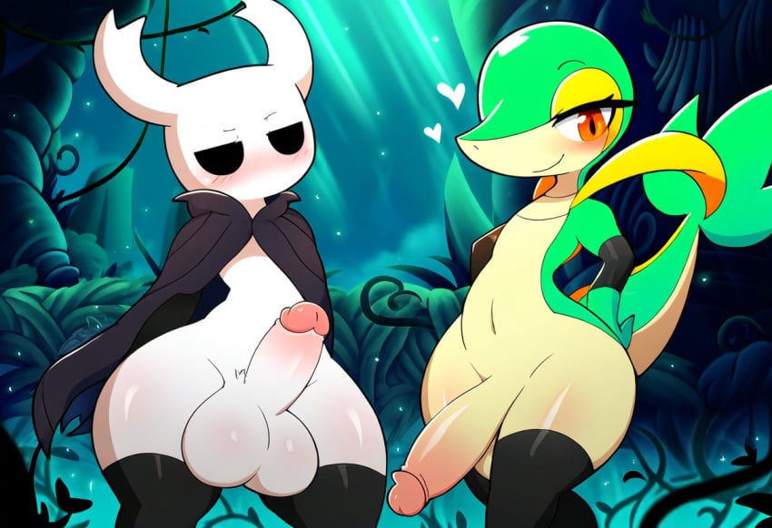 absurd_res ai_generated anthro arthropod balls big_balls big_penis blush clothed clothing digital_media_(artwork) duo erection foreskin generation_5_pokemon genitals girly glans half-closed_eyes heart hellsonger hellsonger_hollow_knight_ai_art hi_res hollow_knight humanoid_genitalia humanoid_penis legwear looking_at_viewer male mostly_nude narrowed_eyes nintendo penis pink_glans pokemon pokemon_(species) protagonist_(hollow_knight) pupils retracted_foreskin scalie smile snivy thick_penis thick_thighs thigh_highs vessel_(species) wide_hips