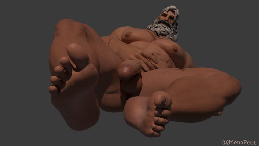 1boy 3d balls bara barazoku beard completely_naked completely_nude completely_nude_male feet foot_fetish foot_focus gay light-skinned_male light_skin male male_only mature mature_male menapeet_(artist) muscular muscular_male naked naked_male nude nude_male old_man older_male overwatch overwatch_2 penis reinhardt solo solo_male white_hair