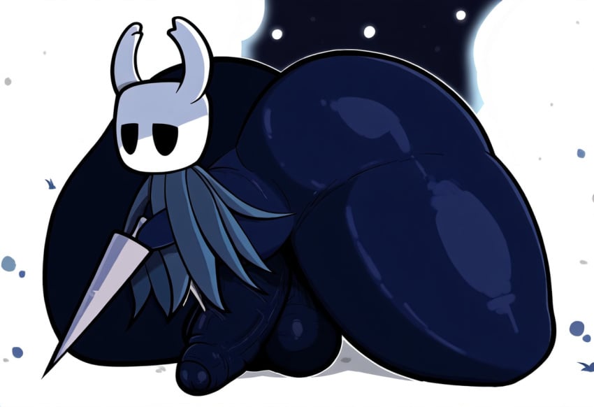 absurd_res ai_generated anthro arthropod balls big_balls big_penis black_body cloak clothing erection fecharis foreskin genitals glans hellsonger hi_res hollow_knight horn humanoid_genitalia humanoid_penis insects male melee_weapon penis protagonist_(hollow_knight) solo standing team_cherry text vessel_(species) weapon