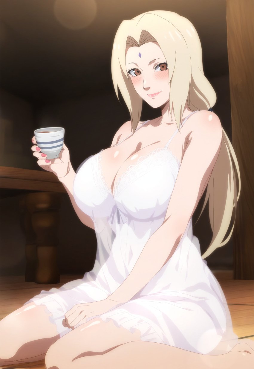 1girls ai_generated arm_support babydoll barefoot big_breasts blonde_hair blush boruto:_naruto_next_generations breasts breasts_bigger_than_head cleavage cup drink facial_mark feet forehead_mark hanging_breasts haori holding_object huge_breasts kneeling large_breasts light-skinned_female light_skin lingerie lipstick makeup mature mature_female mature_woman milf nai_diffusion nail_polish naruto naruto:_the_last naruto_(classic) naruto_(series) naruto_shippuden no_bra no_bra_under_clothes paipan pale-skinned_female pale_skin plump sagging_breasts seiza sitting solo solo_focus stable_diffusion tofuro top_heavy top_heavy_breasts tsunade voluptuous voluptuous_female wide_hips