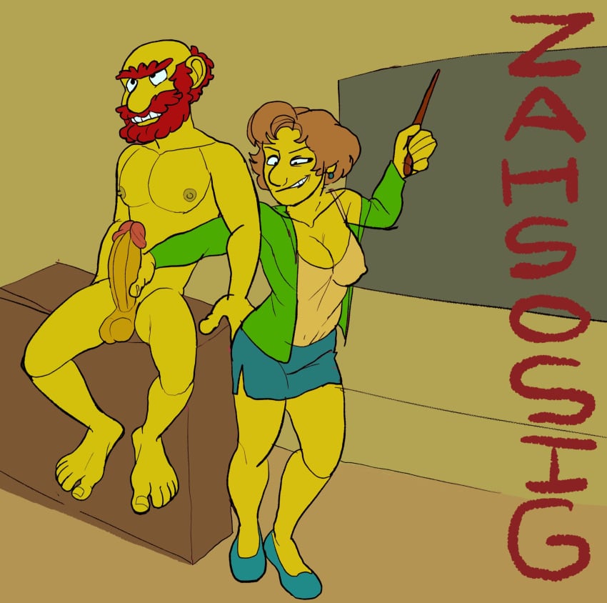 artist_name edna_krabappel facial_hair grabbing_penis groundskeeper_willie hanging_balls male/female muscular_male nipple_bulge nipples nude nude_male red_hair the_simpsons yellow_body zahsosig