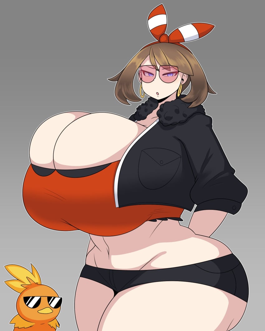 1girls booty_shorts breasts_bigger_than_head busty cleavage duskyer glasses hoop_earrings huge_breasts jacket may_(pokemon) may_(pokemon_oras) midriff pokemon pokemon_oras shorts sunglasses thick_thighs torchic wide_hips