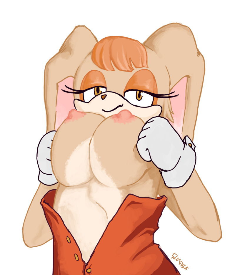 anthro breast_squish breasts clothed clothing female gloves handwear hi_res lagomorph leporid looking_at_viewer low-angle_view mammal nipples open_clothing open_shirt open_topwear rabbit sega shirt sluggle solo sonic_(series) sonic_the_hedgehog_(series) squish topwear vanilla_the_rabbit