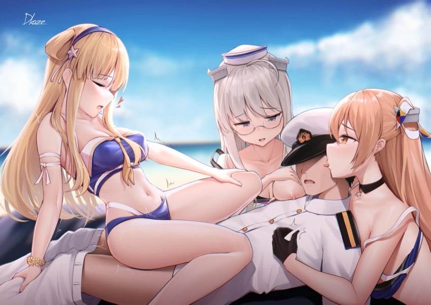 1boy 3girls admiral_(kantai_collection) beach bikini black_gloves blonde_hair blue_bikini breasts brown_eyes buttons cleavage closed_eyes collarbone cowgirl_position day driftkingtw female fletcher_(kantai_collection) fletcher_mk_ii_(kantai_collection) fletcher_mk_ii_(swimsuit_mode)_(kantai_collection) gloves grey_eyes grey_hair groin group_sex hair_ornament hat heywood_l._edwards_(kantai_collection) johnston_(kantai_collection) johnston_kai_(swimsuit_mode)_(kantai_collection) kantai_collection large_breasts light_brown_hair long_hair long_sleeves male male/female military_uniform multiple_girls naval_uniform navel nipples ocean outdoors pants peaked_cap short_hair signature star_(symbol) star_hair_ornament straight swimsuit uniform white_hat white_pants