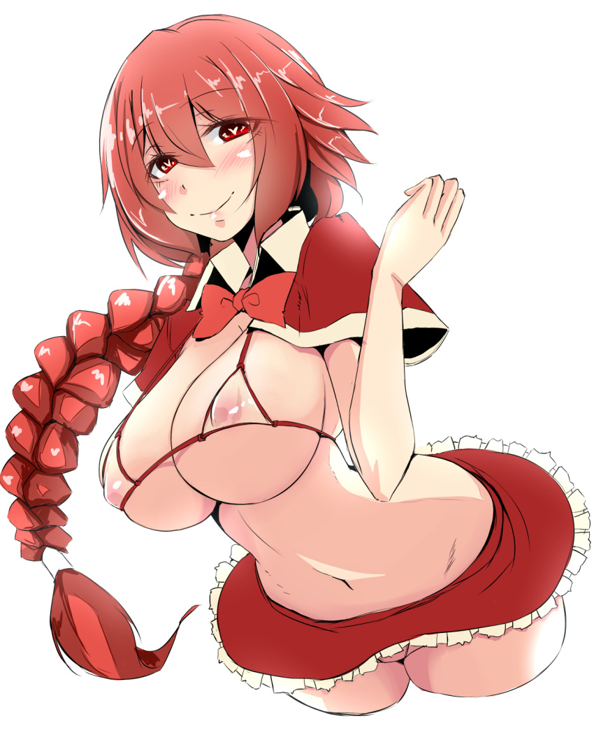 blush braid braided_ponytail collar dr_yukito heart-shaped_pupils large_breasts looking_at_viewer micro_bikini miniskirt nipples_visible_through_clothing okazaki_yumemi red_eyes red_hair red_ribbon red_skirt smile touhou touhou_(pc-98) yukito_(dreamrider) yumemi_okazaki