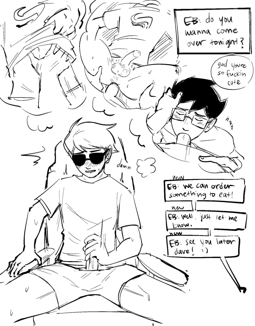 blonde_hair blowjob dave_strider fantasizing fantasy gay glasses homestuck jadedavekarkat john_egbert male masturbation sex skinny sunglasses