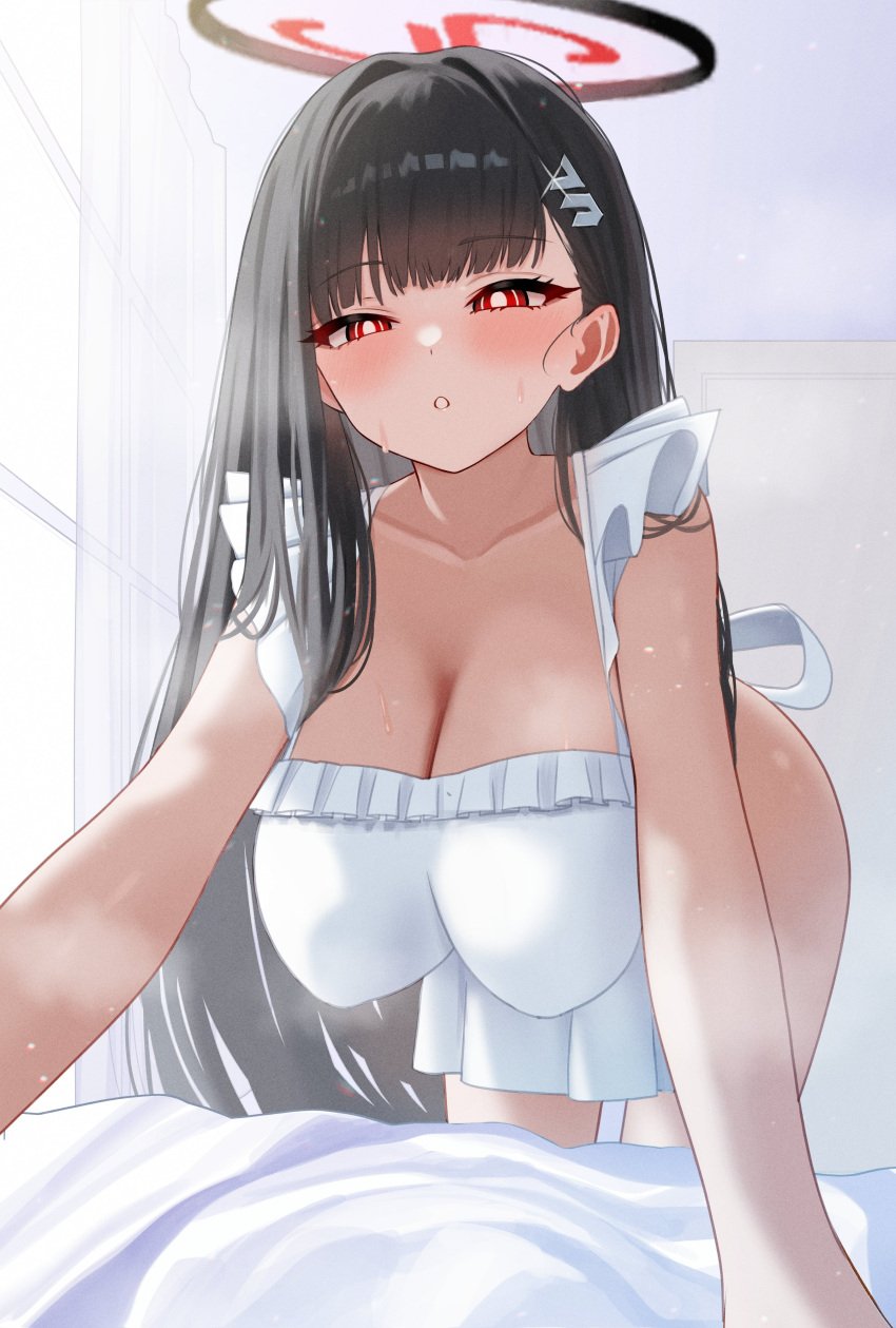 1girls all_fours bedroom blue_archive blush female female_focus frilled_dress hanging_breasts huge_thighs large_breasts mijikayo millennium_science_school_student naughty_face on_bed pinned_down pinning_down rio_(blue_archive) seminar_(blue_archive) steam sweaty thick_thighs very_sweaty