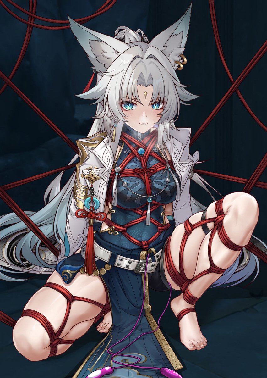 1girls 2024 angry angry_face animal_ears arms_behind_back barefoot bondage bondage_gear feixiao_(honkai:_star_rail) fox_ears fox_girl hi_res honkai:_star_rail honkai_(series) kemonomimi kneeling light-skinned_female light_skin long_hair looking_at_viewer mad ponytail rope sex_toy solo tied tied_up vibrator vibrator_in_pussy white_hair yiduan_zhu