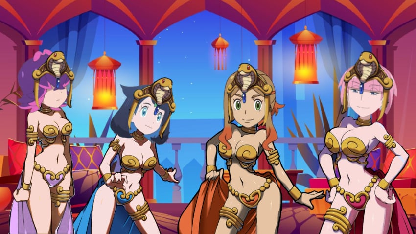 4girls bare_arms bare_legs bare_midriff bare_shoulders bare_thighs belly_button belly_dancer belly_dancer_outfit big_breasts bikini bikini_top blue_eyes blue_gem blue_gemstone blue_hair blue_heart_pasties blue_highlights blue_loincloth bra bracelet brown_hair chamber cleavage cobra_tiara collar dancer dancer_class dancer_girl dancer_outfit dot_(pokemon) earrings female female_only gem gemstone gold_(metal) gold_bikini gold_bikini_top gold_bra gold_bracelets gold_collar gold_jewelry gold_thigh_ring gold_thighlet gold_tiara golden_bikini golden_bikini_top golden_bra golden_bracelets golden_collar golden_thigh_ring golden_tiara harem harem_chamber harem_clothing harem_girl harem_girls harem_jewelry harem_outfit heart_pasties heart_shaped_pasties light-skinned_female light_skin liko_(pokemon) loincloth long_hair medium_breasts metal_breasts metal_collar midriff mollie_(pokemon) navel only_female only_girl orange_heart_pasties orange_highlights orange_loincloth orla_(pokemon) palace photoshop pink_hair pink_heart_pasties pink_highlights pink_loincloth pokemon pokemon_(anime) pokemon_horizons purple_hair purple_heart_pasties purple_loincloth shantae shantae_and_the_pirate&#039;s_curse short_hair silver_earrings slave slave_bikini slave_collar slave_outfit slavegirl small_boobs small_breasts tan-skinned_female tan_skin thick_thighs thigh_ring thighlet thighlets tiara tomboy