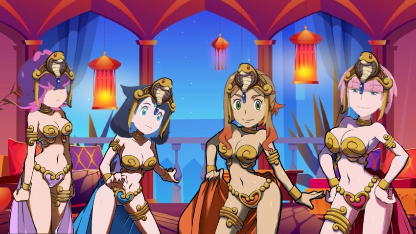 4girls bare_arms bare_legs bare_midriff bare_shoulders bare_thighs belly_button belly_dancer belly_dancer_outfit big_breasts bikini bikini_top blue_eyes blue_gem blue_gemstone blue_hair blue_heart_pasties blue_highlights blue_loincloth bra bracelet brown_hair chamber cleavage cobra_tiara collar dancer dancer_class dancer_girl dancer_outfit dot_(pokemon) earrings female female_only gem gemstone gold_(metal) gold_bikini gold_bikini_top gold_bra gold_bracelets gold_collar gold_jewelry gold_thigh_ring gold_thighlet gold_tiara golden_bikini golden_bikini_top golden_bra golden_bracelets golden_collar golden_thigh_ring golden_tiara harem harem_chamber harem_clothing harem_girl harem_girls harem_jewelry harem_outfit heart_pasties heart_shaped_pasties light-skinned_female light_skin liko_(pokemon) loincloth long_hair medium_breasts metal_breasts metal_collar midriff mollie_(pokemon) navel only_female only_girl orange_heart_pasties orange_highlights orange_loincloth orla_(pokemon) palace photoshop pink_hair pink_heart_pasties pink_highlights pink_loincloth pokemon pokemon_(anime) pokemon_horizons purple_hair purple_heart_pasties purple_loincloth shantae shantae_and_the_pirate's_curse short_hair silver_earrings slave slave_bikini slave_collar slave_outfit slavegirl small_boobs small_breasts tan-skinned_female tan_skin thick_thighs thigh_ring thighlet thighlets tiara tomboy